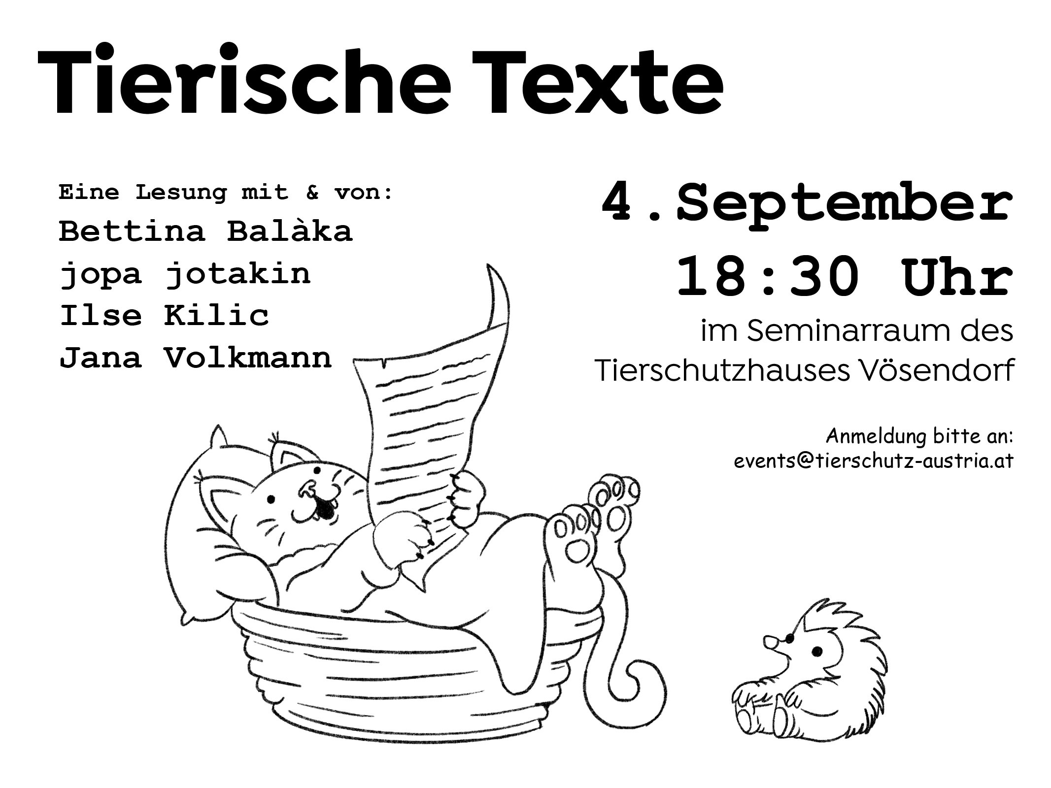Event: Lesung tierischer Texte im Tierschutzhaus Vösendorf am 4. September