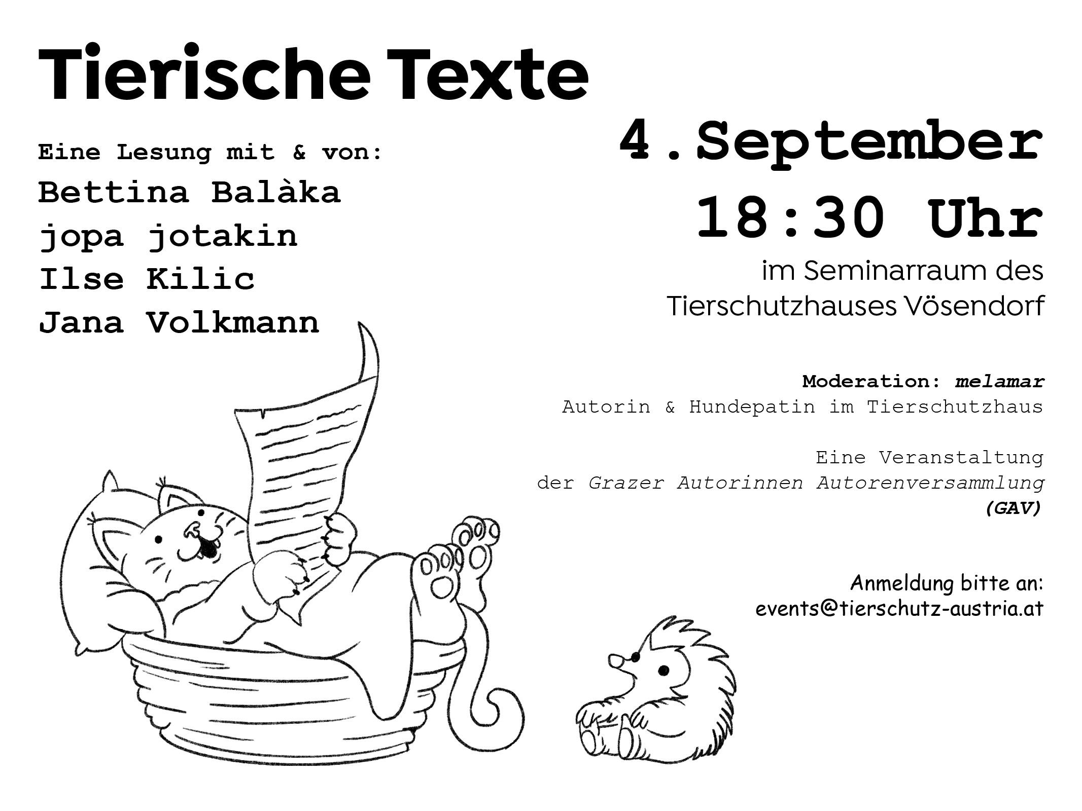 Lesung Tierische Texte am 04.September 2025 im Tierschutzhaus Vösendorf. Vier Autor:innen lesen vor.